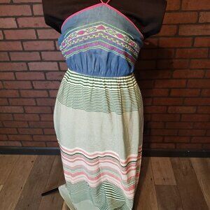 Flying Tomato Denim Embroidered Striped Maxi Dress